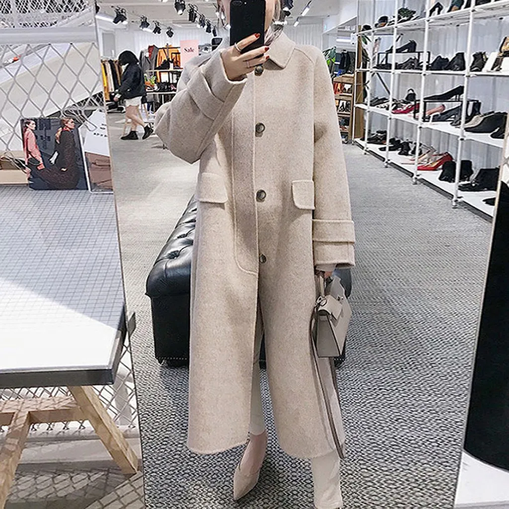 Women Work Solid Vintage Winter Office Long Sleeve Button Woolen Jacket Coat