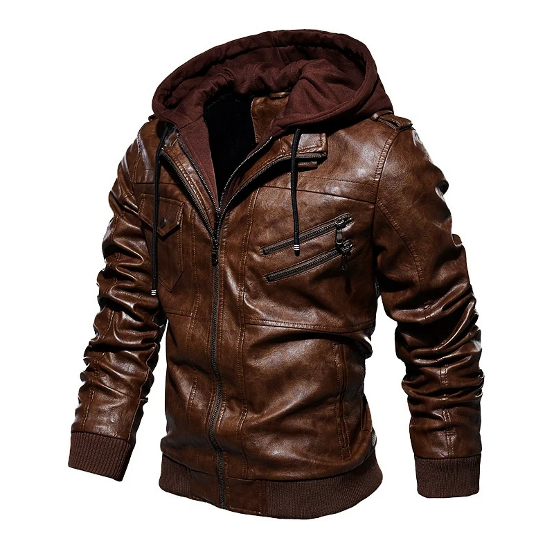Мужская куртка из искусственной кожи зимняя в стиле панк с капюшоном однотонное