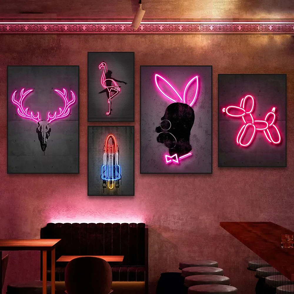 

Neon Art Print Poster Street Pop Art Graffiti Wall Picture Neon Sign Art Balloon Dog Brick Wall Canvas Painting Home Decor Gift