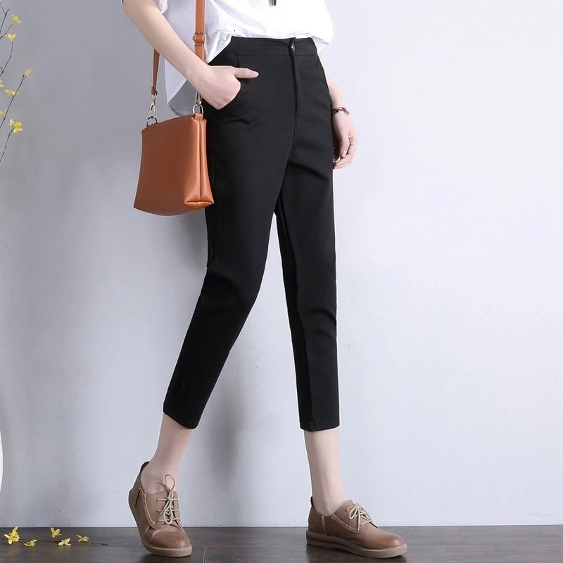 Прямые черные брюки OL женские офисные со средней талией с карманами рабочие Pantalon