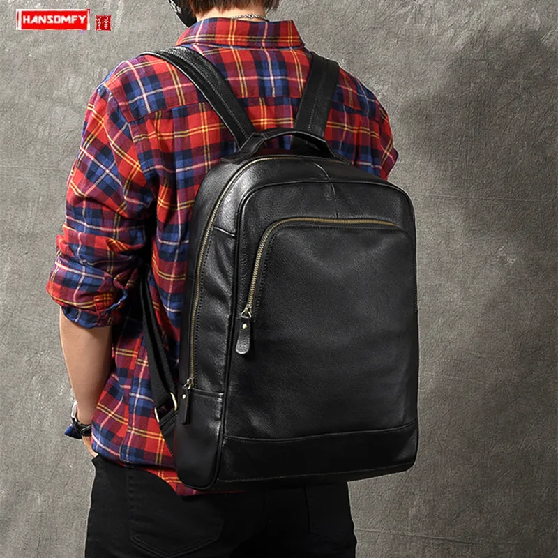 

HANSOMFY Classic Genuine Leather Men's Backpack Men Soft Black Leather Large Capacity Travel Backpacks Male 15.6-inch Computer B