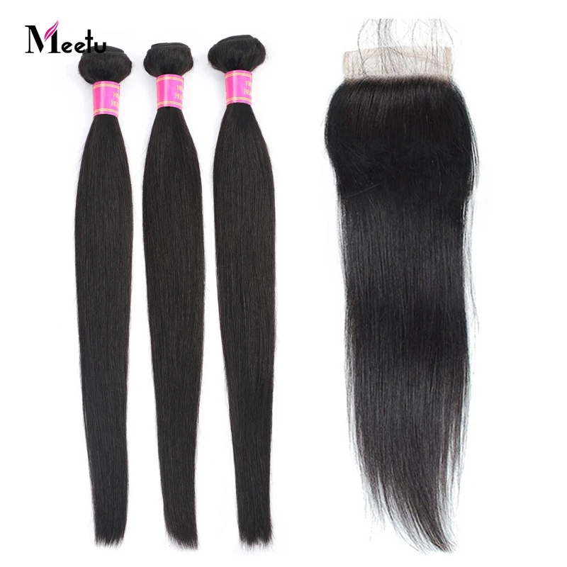 Meetu бразильские прямые пучки волос с застежкой 100% человеческие волосы 3 пряди
