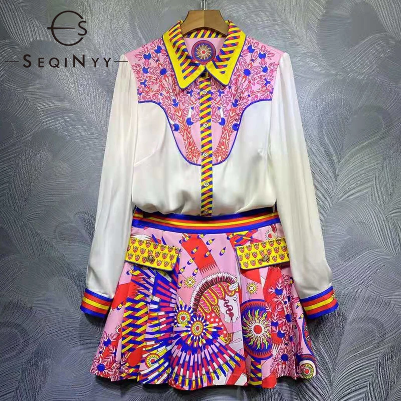 

SEQINYY Women Suit Summer Spring New Fashion Design Runway High Quality White Shirt + Skirt Mini Vintage Flowers Pink Print