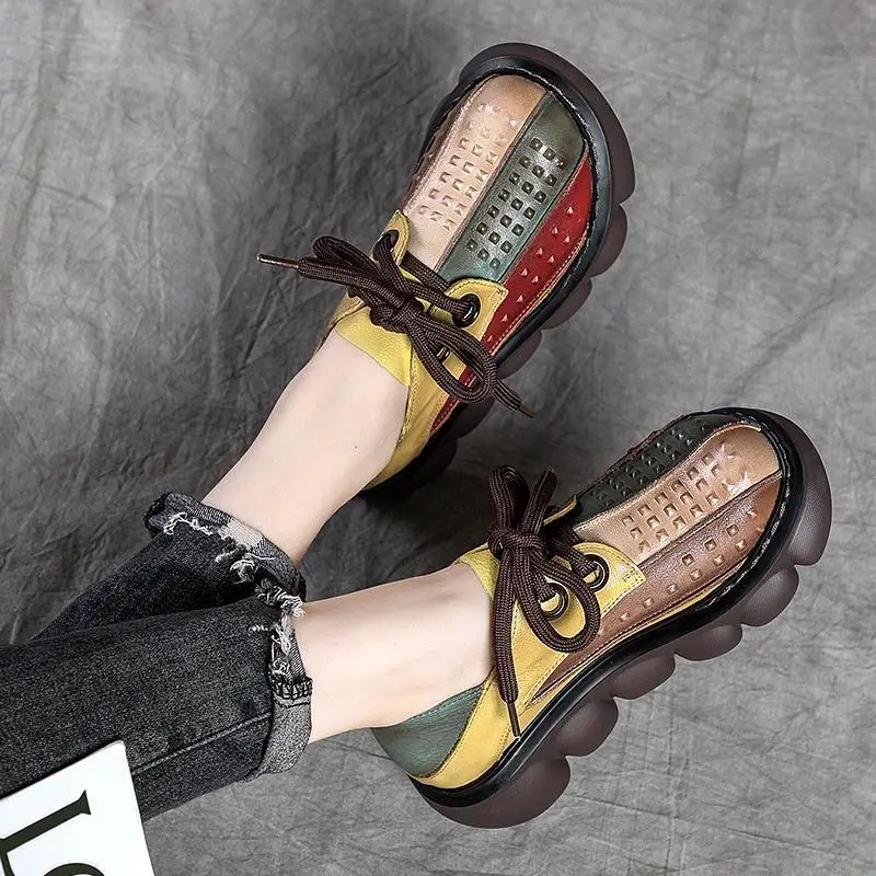 

New leather muffin platform retro handmade folk style autumn leather shoes leather round head color matching women's shoes