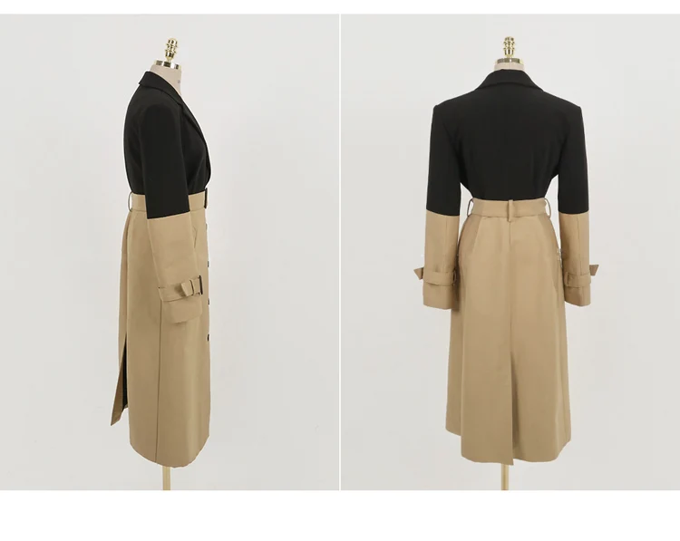 Длинный однобортный Тренч в стиле пэчворк с отложным воротником и поясом