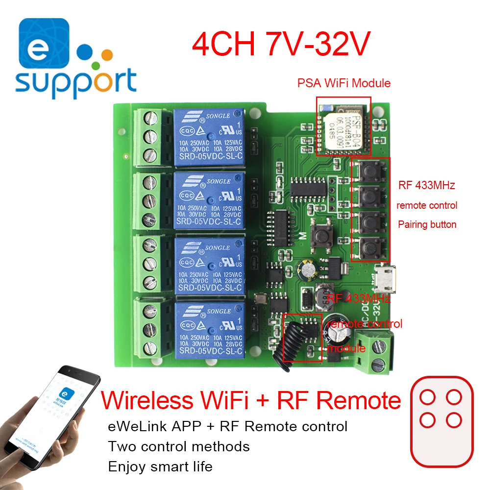 

Умный переключатель eWeLink, 4 Wi-Fi реле канала, переключатель для вращающейся двери, 5 в постоянного тока, 12 В, 24 В, 32 В, 220 В, переключатель для штор ...