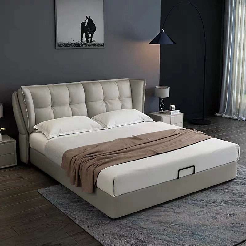 

Nordic leather bed double bed 1.8 modern simple leather art bed 1.5m ins net red soft bed European wedding bed #