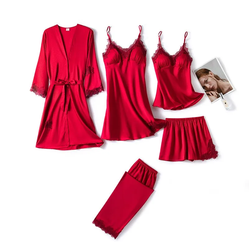 

Women Pink Sleep Set Faux Silk Pajamas Set Sexy Lace 5PCS Sleepwear Femme V-neck Pijamas Suit Casual Loungewear Kimono Gown