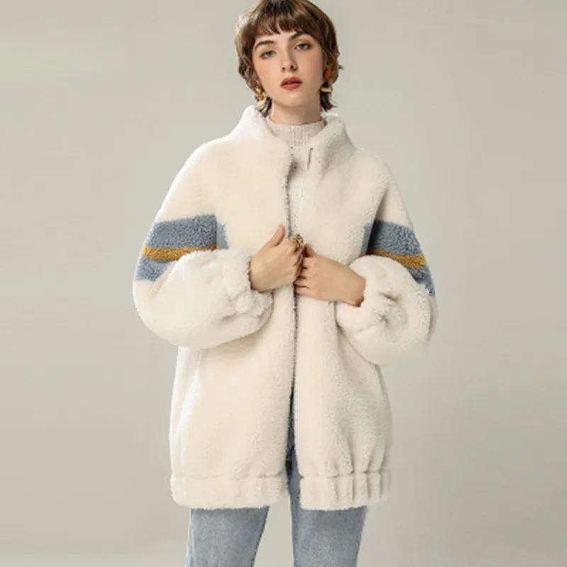 

Winter High-End Fur Long Sleeved Loose Warm Women's Jacket Lamb Wool Thickened Contrast Color Coat Fashion Luxury Tops