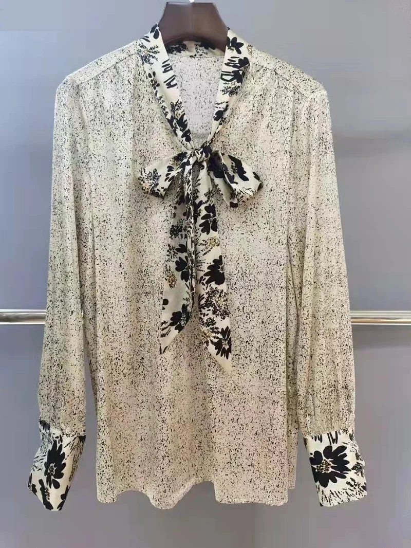 

Top Quality Silk Blouse Shirt 2022 Spring Summer Elegant Bouses Women Bow Collar Vintage Floral Print Long Sleeve Casual Blouse