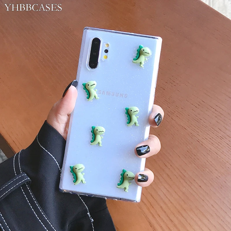YHBBCASES мультфильм 3D динозавр мягкие чехлы для samsung Galaxy S9 S10 5G Plus Note 10 8 9 блеск порошки