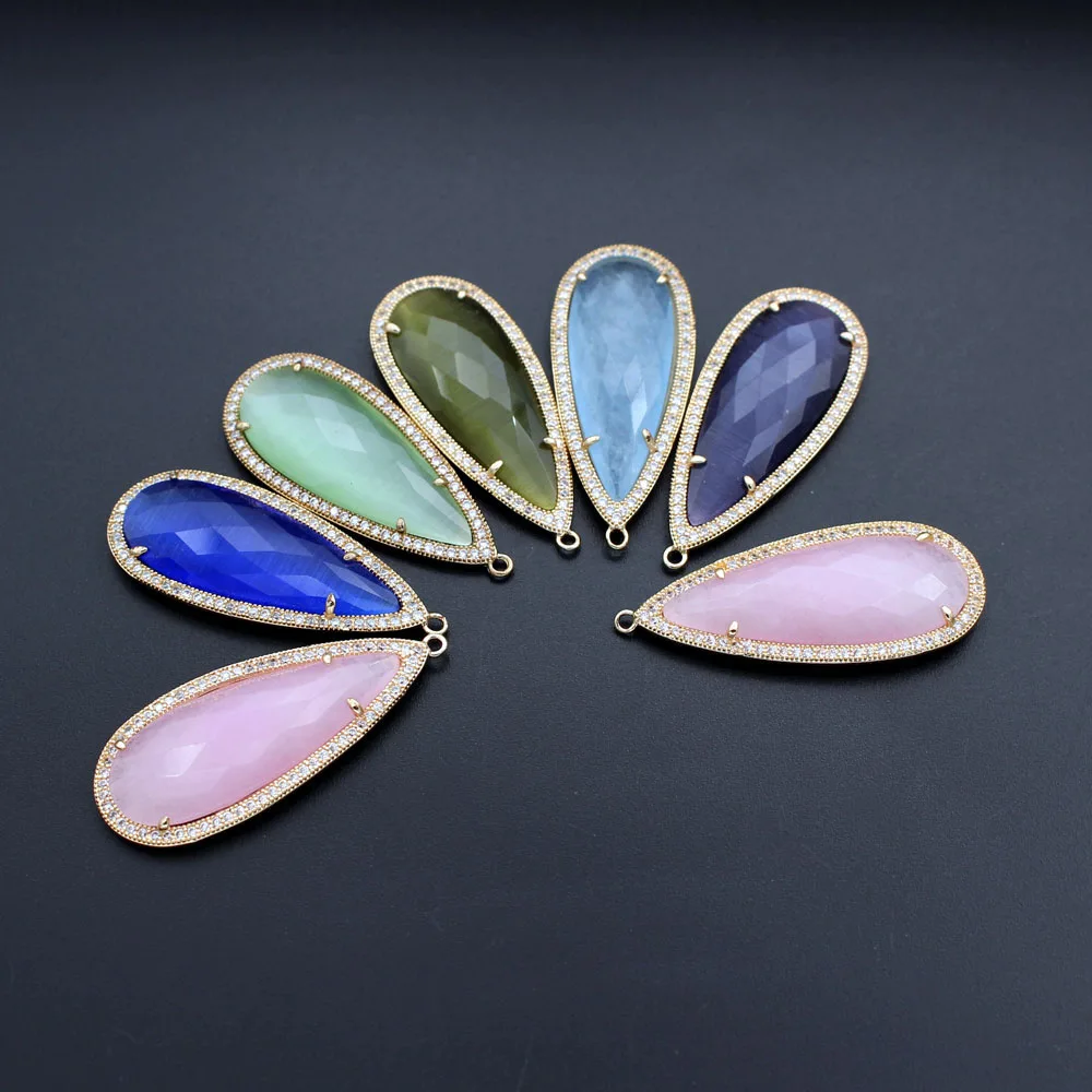 10pcs Faceted Drops Blue Pink Green Cats Eye Stone Pendant Teardrop CZ Charms DIY Trendy Necklace Earrings Jewelry Making