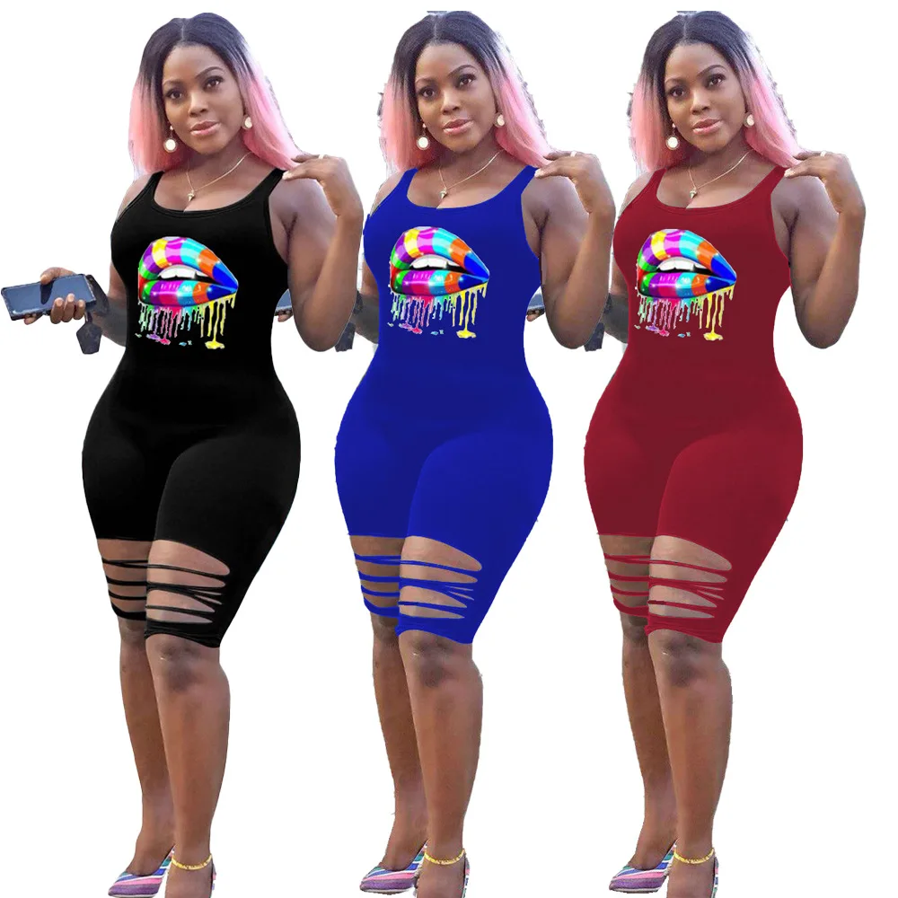 

Women's Summer Fashion Casual Printed Skinny Hole O Neck Sleeveless Playsuits Rompers