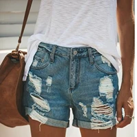 summer women ladies casual denim shorts elastic waist bleached frayed hem ripped fashion jeans hot shorts