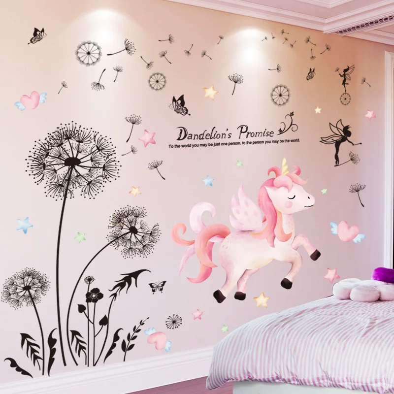 

[SHIJUEHEZI] Black Dandelion Flower Wall Stickers DIY Horse Animal Mural Decals for Kids Room Baby Bedroom Nursery Decoration