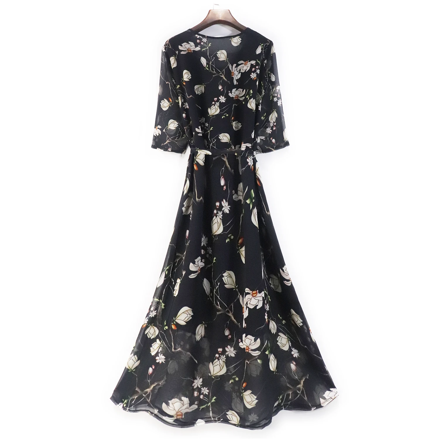 Черное шелковое платье из магнолии с рукавом средней длины большое Двухслойное