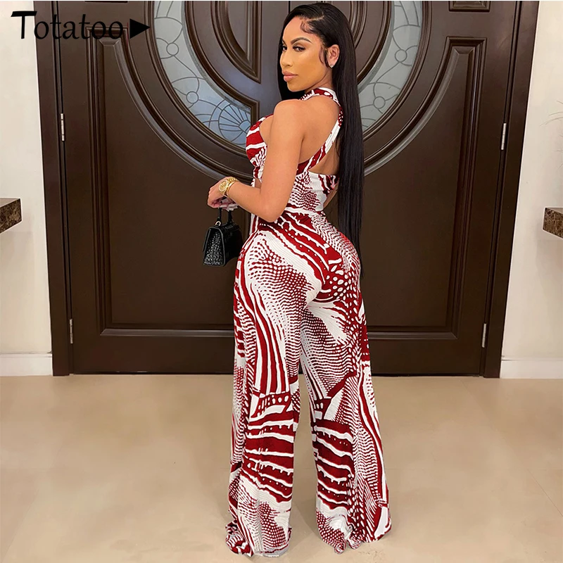 

Totatoop Sexy 2 Piece Set Halter Hollow Out Bandage Crop Tops And Wide Leg Pants Outfit Women's Set Vacation Matching Suits