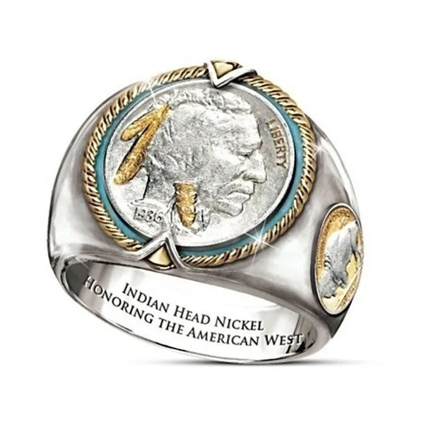 

Men's Indian Head Nickel Bull Stainless Steel Ring Indians and Beasts Creative Goth Punk Ornaments Anniversary Halloween Gifts