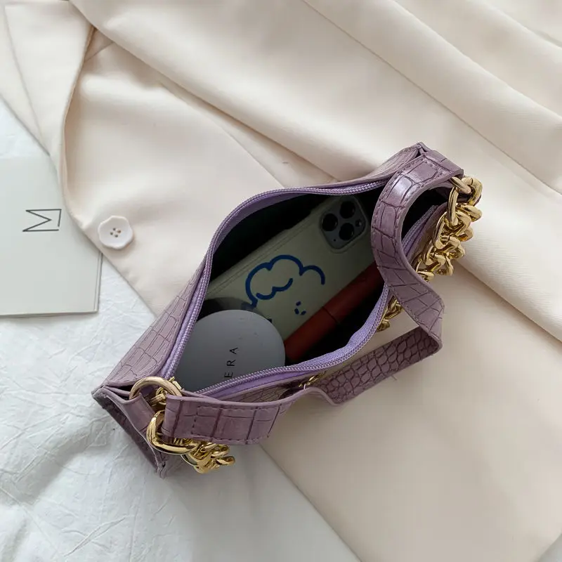 

AII Match Alligator Pattern Chains Female Underarm Bags Vintage PU Leather Women Baguette Handbags Fashion Ladies Shoulder Bag