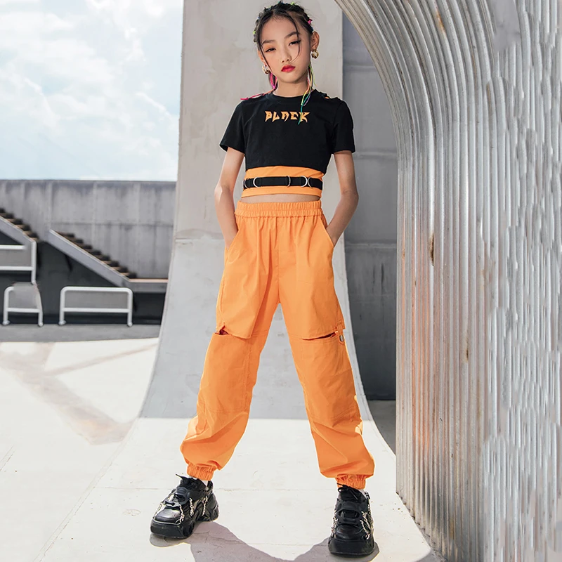 

Summer Girls Jazz Hip Hop Dance Clothes Bare Navel Short Sleeves Kids Street Dance Costume Overalls Hiphop Suit Rave Wear BL6463