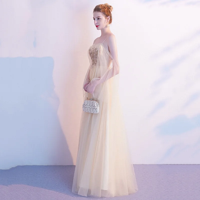 

Elegant Light Yellow Mesh Formal Party Dress Lady Qipao Exquisite Bling Robe De Soiree Sexy Spaghetti Strap Backless Prom Dress