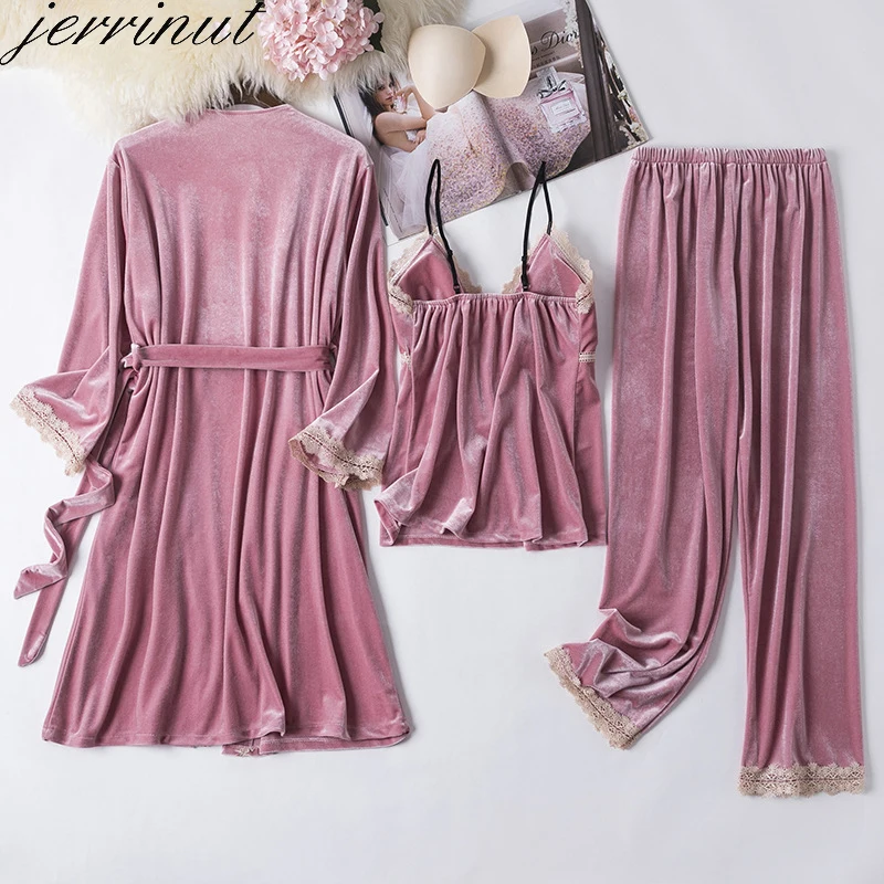 Jerrinut 3 шт. золото бархатные пижамы Одежда для сна Комплект Для женщин зима