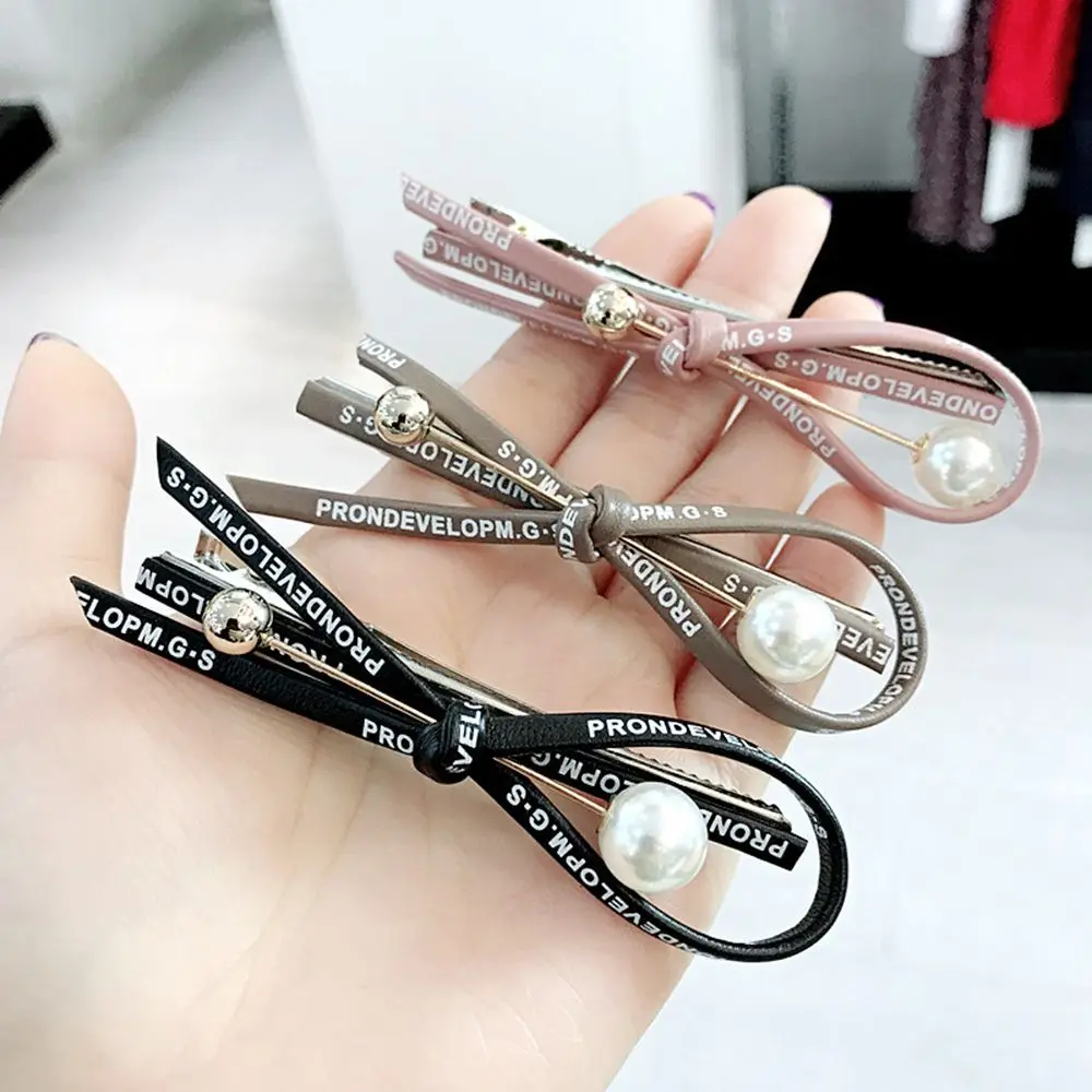 Женская заколка пряжка из искусственной кожи для волос с бантом и жемчужинами