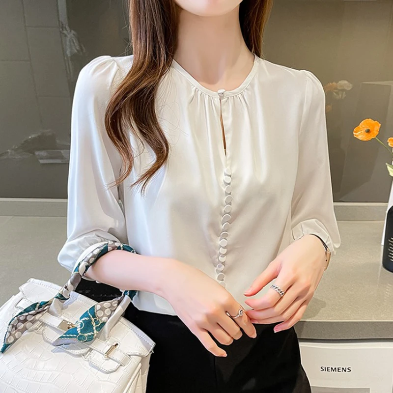 

2021 Summer Women Blouse Shirt Chiffon Causal O-neck Puff Three Quarter Sleeve Lady Office Tops Korean Fashion Blusa Feminina