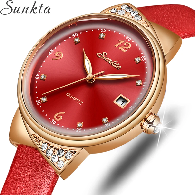 

SUNKTA 2020 Red Watch Women Fashion Simple Quartz Watches Ladies Leather Casual Female Wrist Watch Girl Clock Relogio Feminino
