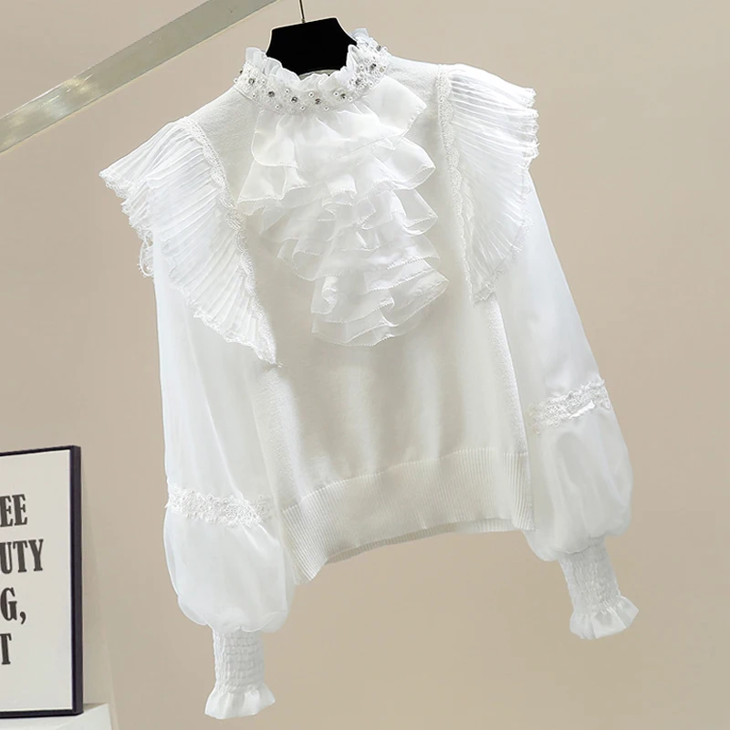 

Женская винтажная блузка с каскадными оборками, модный дизайнерский Белый Черный Топ с бусинами и стразами, Осень-зима 2021