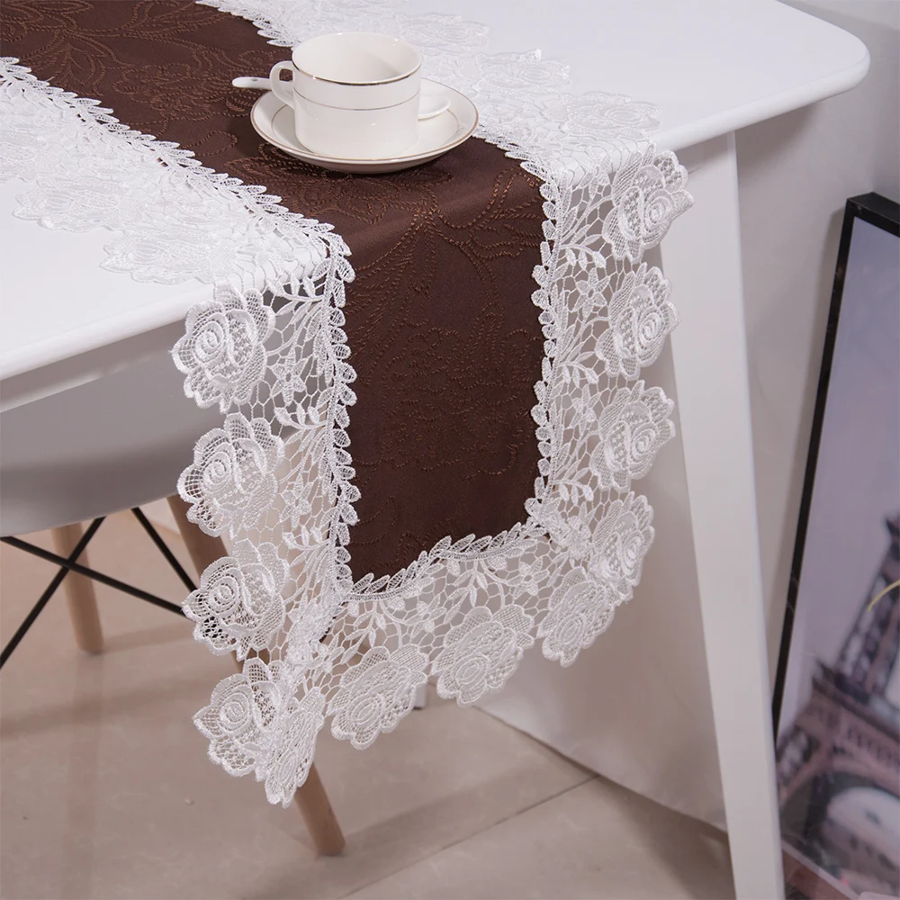 

Luxury large Jacquard Floral Table Runner With Embroidered Lace For Wedding Party Banquet Home Decoration TV Cabinet Piano Cover