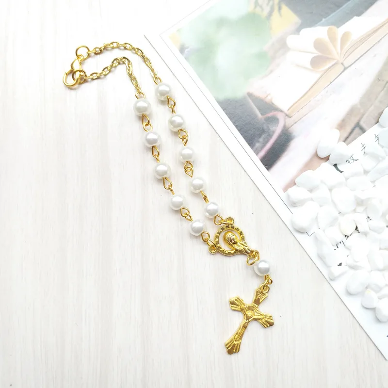QIGO золотой крест кулон стеклянный жемчуг четки браслет для мужчин женщин