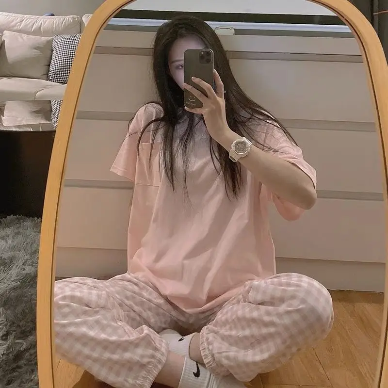 QWEEK Sleep Top and Plaid Pants Pajamas Girls Women Spring Summer 2021 Pyjamas  Short Sleeve Pijamas Round Neck Nightwear Sets