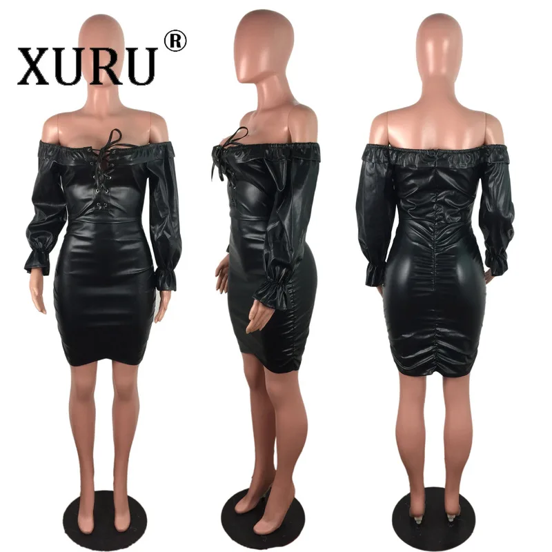 

XURU New Style European and American Women's PU Dress with Pleated Bandage, One-shoulder Tube Top and Leather Dress