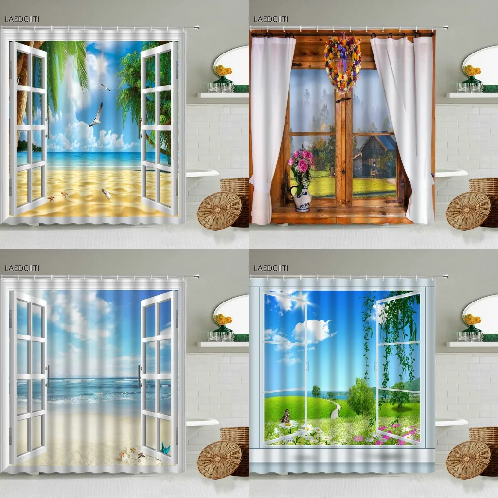 

Ocean Window View Shower Curtain Natural Scenery Bathroom Decor Beach Pier Plant Flowers Garden Scene Screen With Hooks Washable