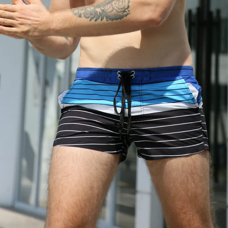 Летние мужские плавательные шорты в полоску сексуальные плавки бермуды пляжные