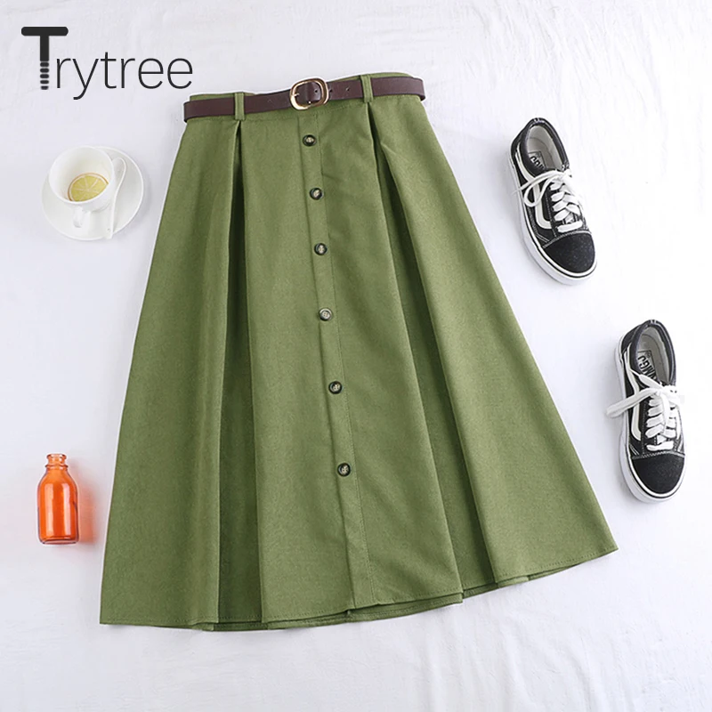 Trytree/, осенне-зимняя женская повседневная юбка в стиле ампир, 5 цветов, трапециевидная модная юбка на элегантных кнопках, пояс до середины икры, Офисная Женская юбка