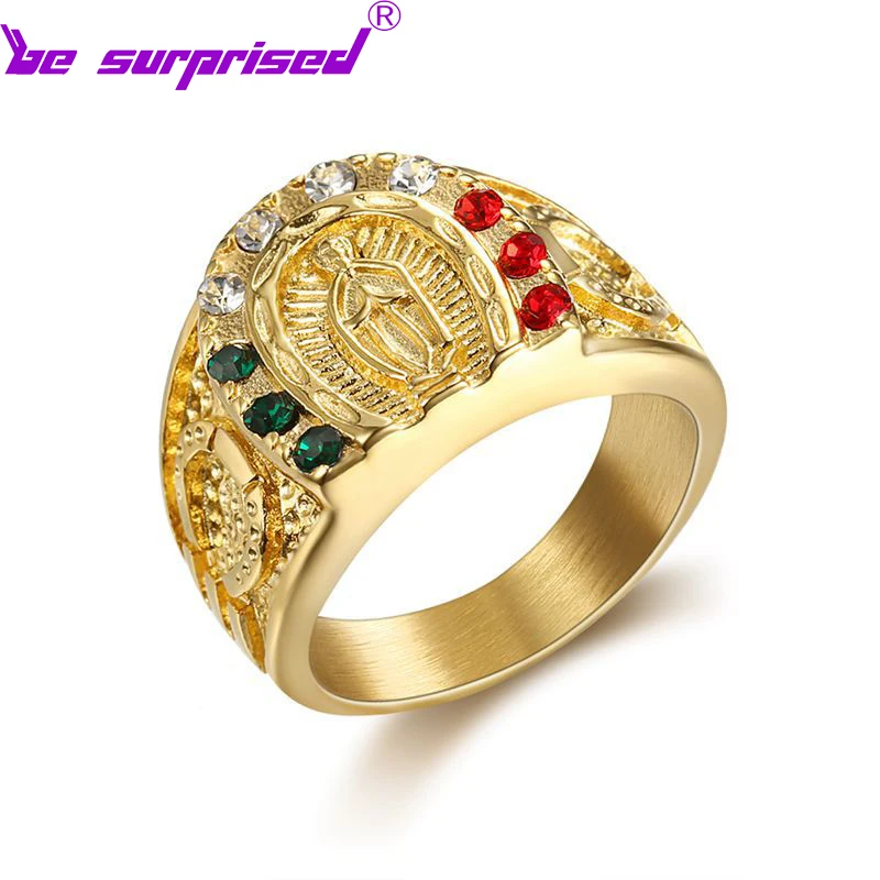 

New Hip Hop Religious Ring Titanium Steel Plated 18K Gold Inlaid 5A Colored Zircon Christian Virgin Men's Ring Does Not Fade