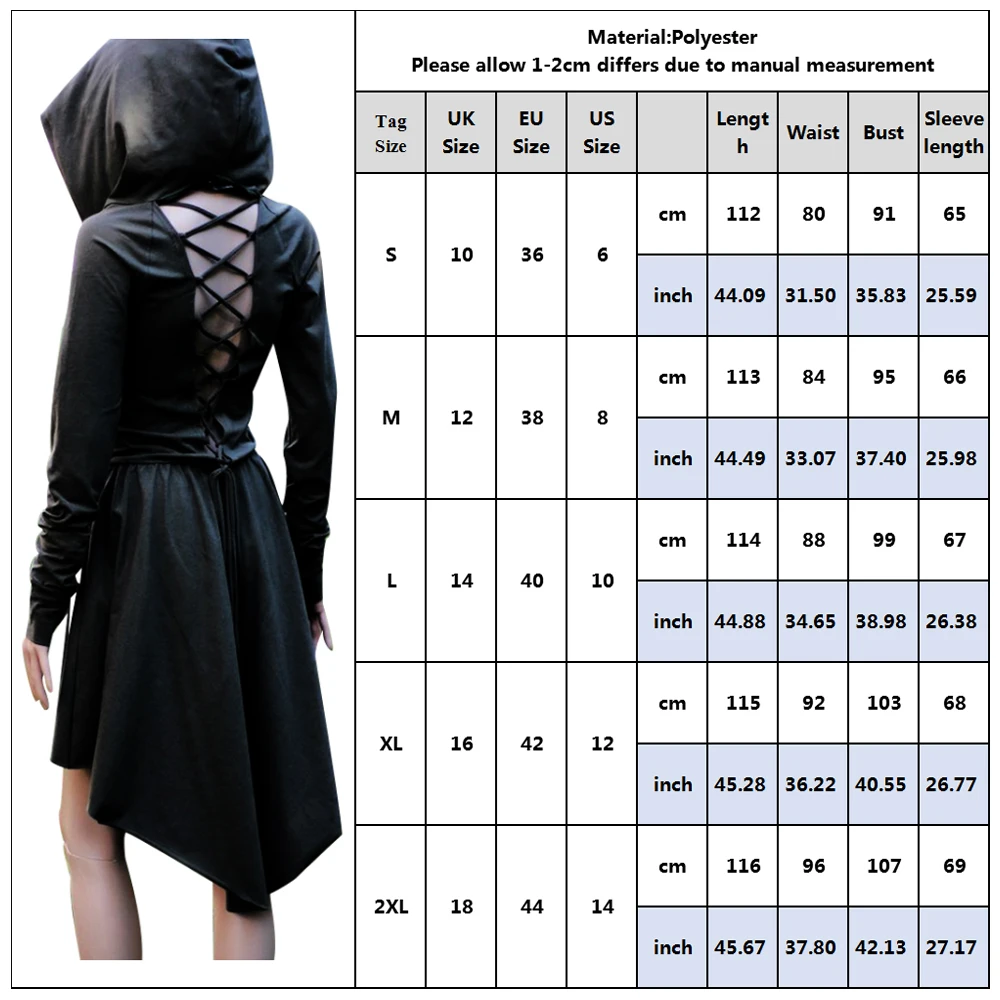 

Gothic Dress Women Long Sleeve Bandage Hooded Black Dress Winter 2019 Harajuku Girls Vintage Backless Irregular Dresses robe Q25