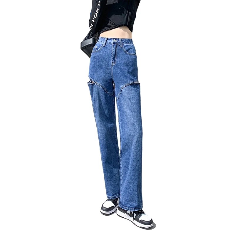 Новые Синие рваные джинсы с высокой талией на осень и зиму с широкими штанинами, женские свободные универсальные прямые брюки с шваброй, дли...