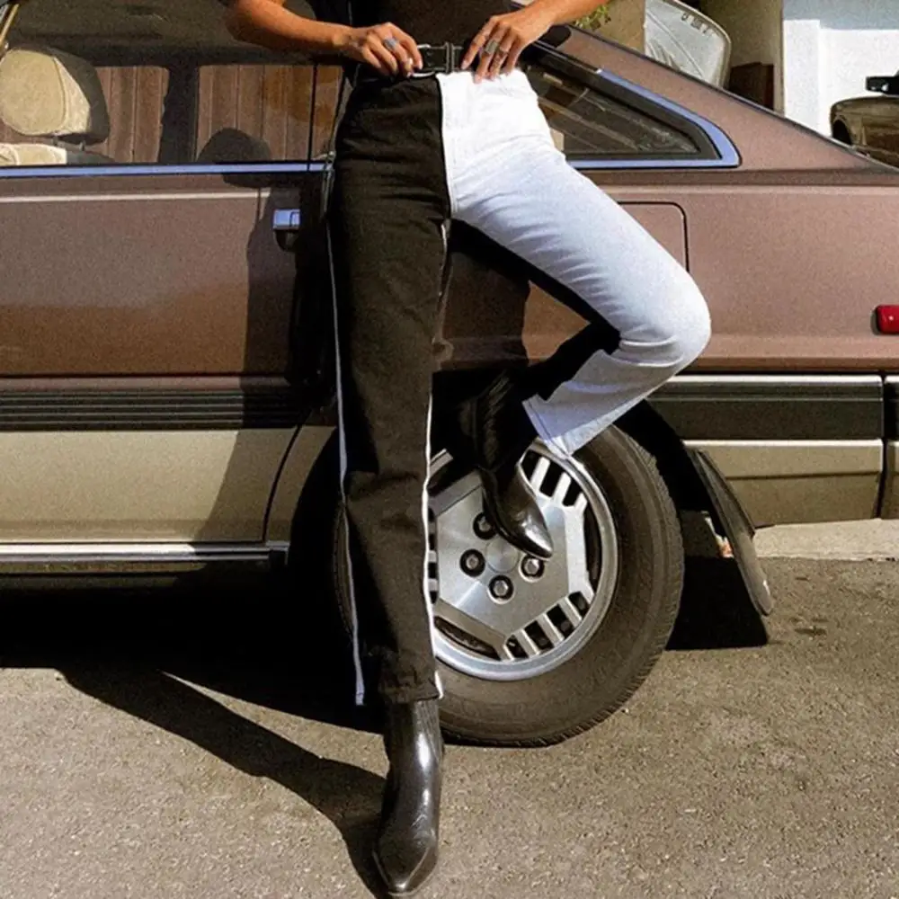 

High Waist Skinny Pants Trousers Women Color Block Pockets Jeans Jeans Denim Pants