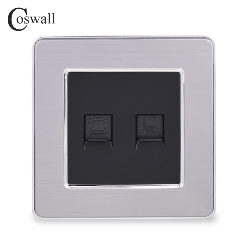 COSWALL RJ45 Интернет-разъем для передачи данных CAT5E разъем с 2 ядрами RJ11 телефонная розетка из нержавеющей стали матовая панель настенная розетка