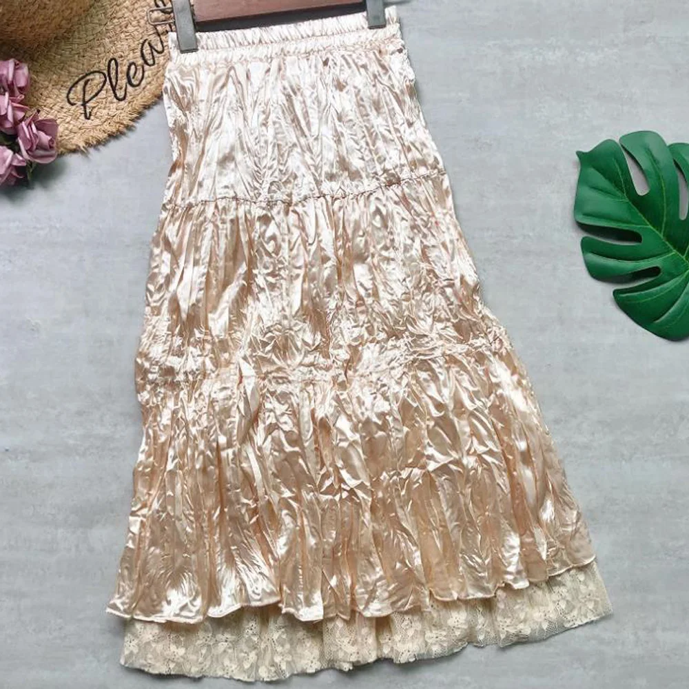 

Women Skirt 2021 Spring Summer High Waist Lace Mesh Skirt Elegant White Floral A Line Long Pleated Skirts Womens Midi Skirt