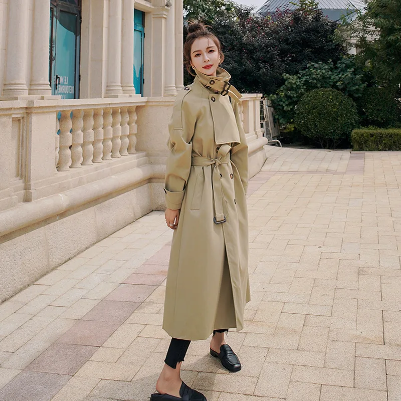 

2020 Top Qualiy Autumn Khaki Trench Coat Women British Simple Classic Double Breasted Long Outwear Over Knee Windbreaker Female