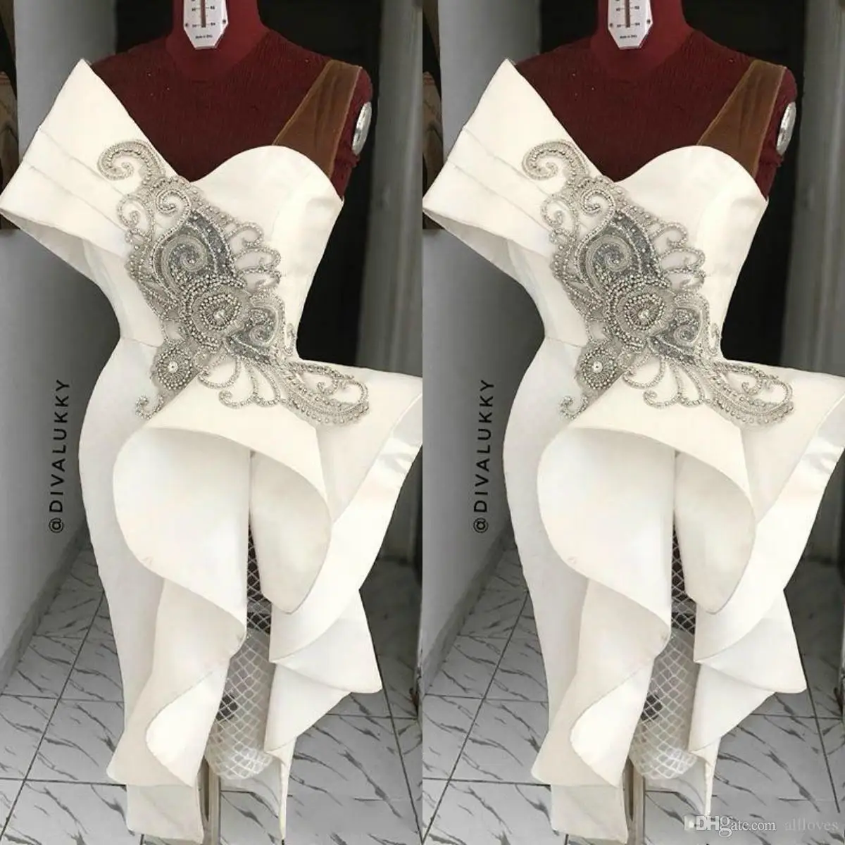 

White Cocktail Dresses Sheath V-Neck Knee Length Satin Ruffles Beaded Slit Arabic Dubai Homecoming Dresses