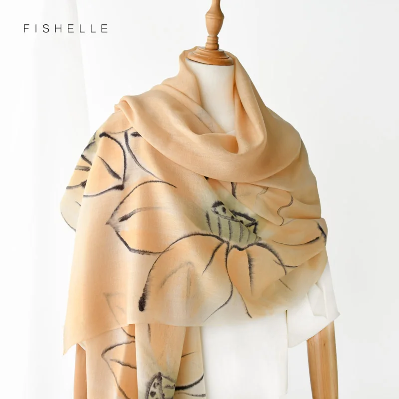 

pink 100% wool Scarf women printed lotus autumn winter thin long scarves bandana shawl causal fashion pashmina lady wrap hijab
