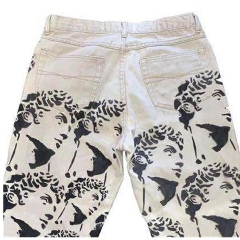 

High Street Statue Printed Men Jeans Loose Straight Denim Trousers Harajuku Casual Pants Moto Hip Hop Wide Leg Pants Male 2021