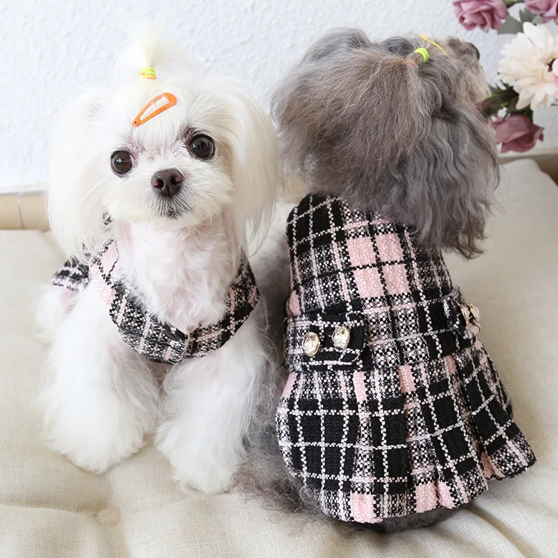Милое зимнее платье в клетку для маленьких собак и щенков принцессы домашних