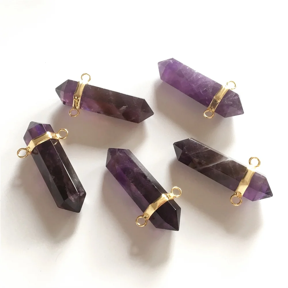 

FUWO Wholesale Amethysts Point Pendant,Double Loops Design Healing Crystal Jewelry For Women Necklace Making PD310 5 Pieces/Lot
