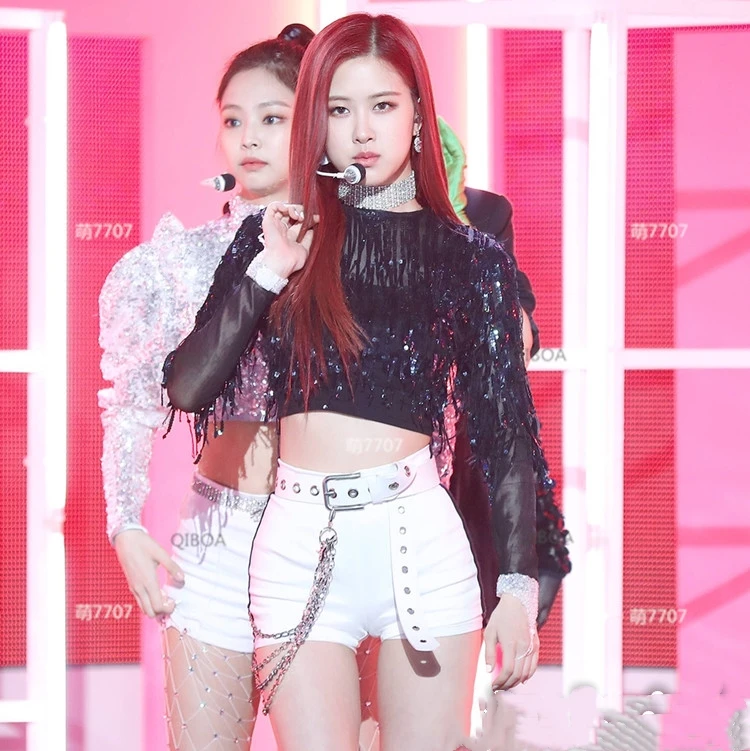 Женская футболка с блестками kpop черная длинным рукавом и круглым вырезом белые